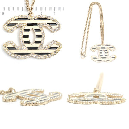 Chanel Necklace Coco Mark Striped Rhinestone Pendant Gold Color 06A Gp