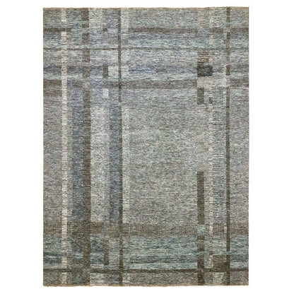 9'X12'1" Barely Blue Modern Geometric Plaid Design Wool Hand Knotted Rug