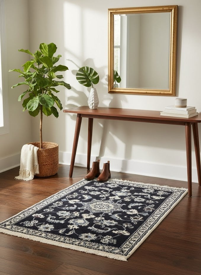 Hand-Knotted Navy Blue Classic Floral Oriental Rug Small Area Carpet 2'9X4'5 ft