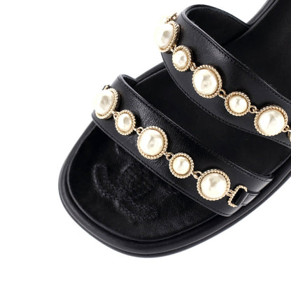 Chanel Women'S Double Strap Slide Sandals Leather And Faux Pearls