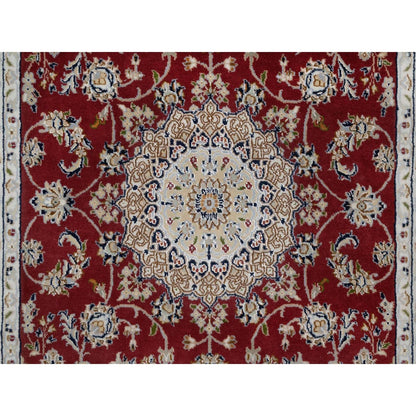 4'X6'1" Red Nain Medallion Design Hand Knotted Wool And Silk 250 Kpsi Rug