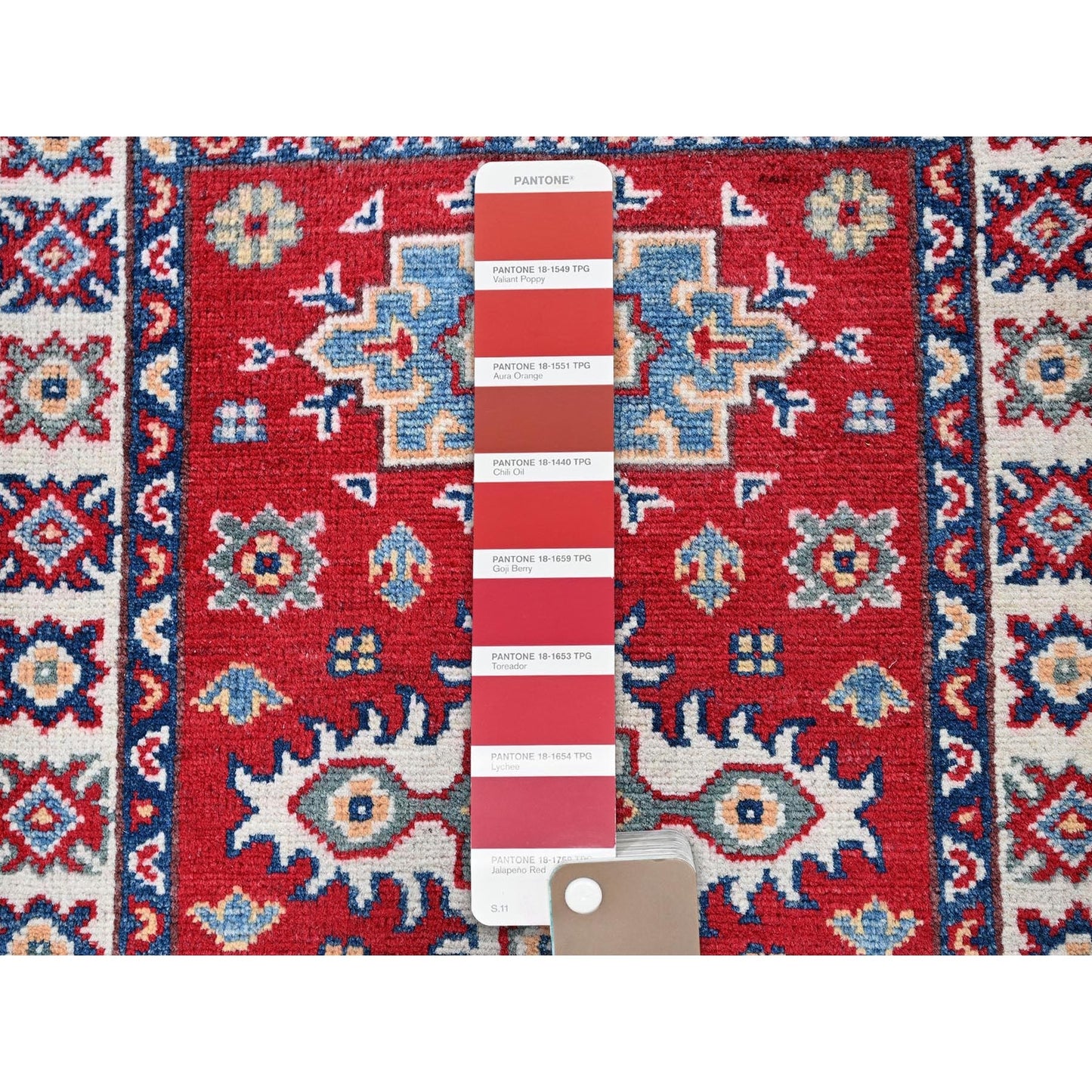 2'2"X3' Red Kazak With Geometric Pattern Soft Wool Hand Knotted Mat Rug