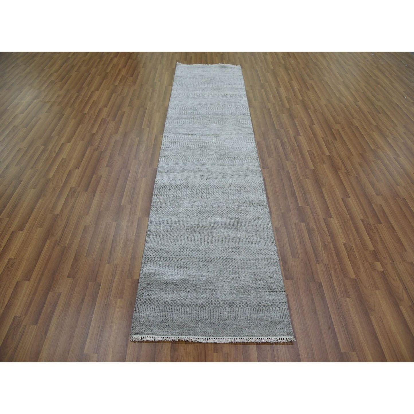 2'7"X10' Gray Wool And Silk Hand Knotted Modern Grass Design Runner Rug