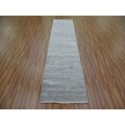 2'7"X10' Gray Wool And Silk Hand Knotted Modern Grass Design Runner Rug