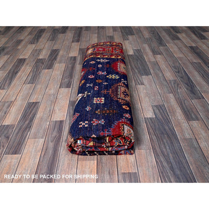8'5"X9'8" Yale Blue Afghan Caucasian Design Revival Hand Knotted Wool Rug