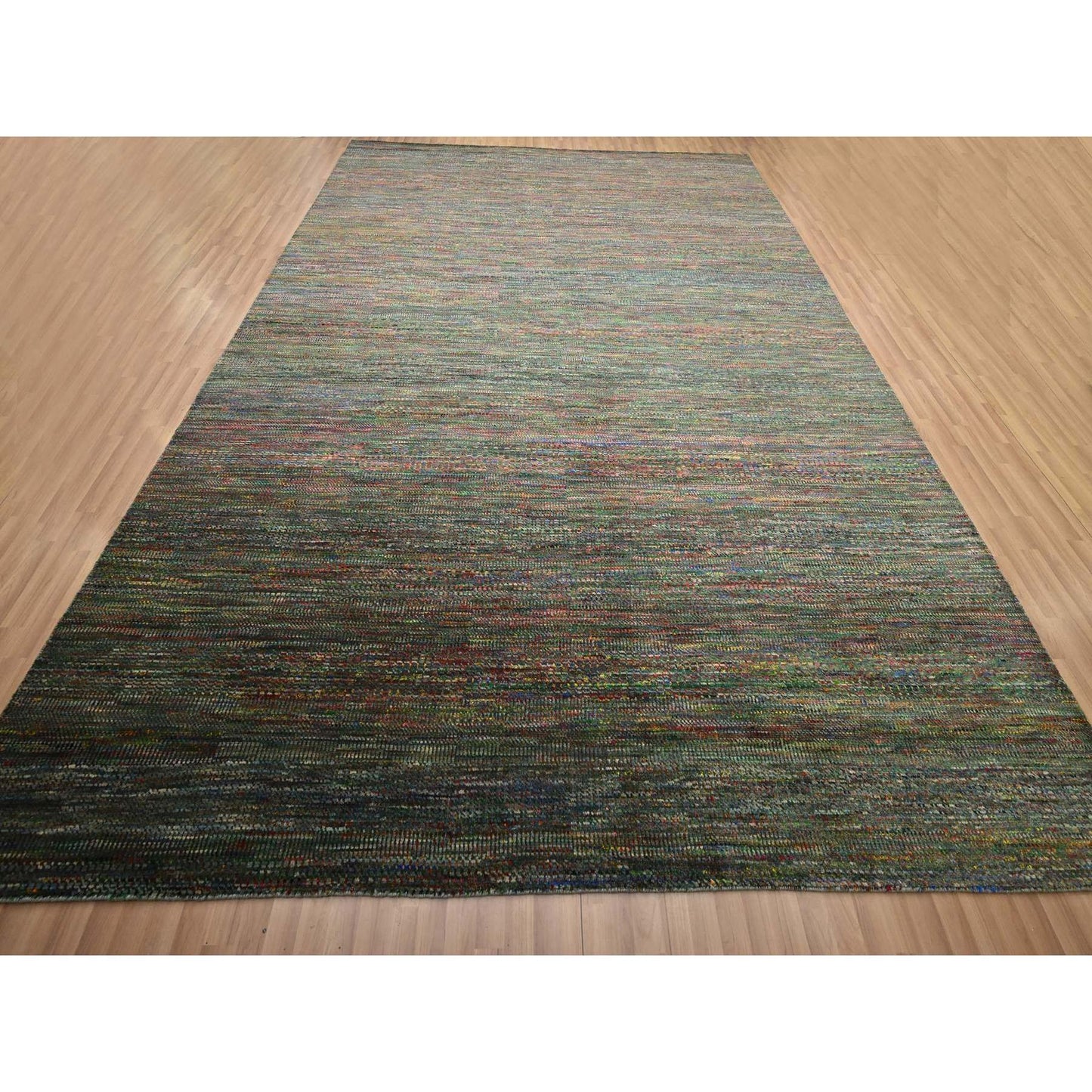 10'X14' Asphalt Black Modern Grass Design Wool And Silk Hand Knotted Rug