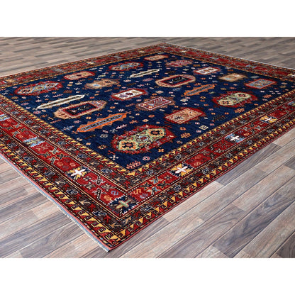 8'5"X9'8" Yale Blue Afghan Caucasian Design Revival Hand Knotted Wool Rug