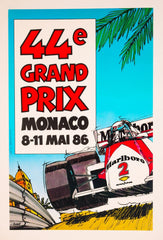Excellent Monaco Grand Prix 1986 Vintage French Race Car Poster On Linen