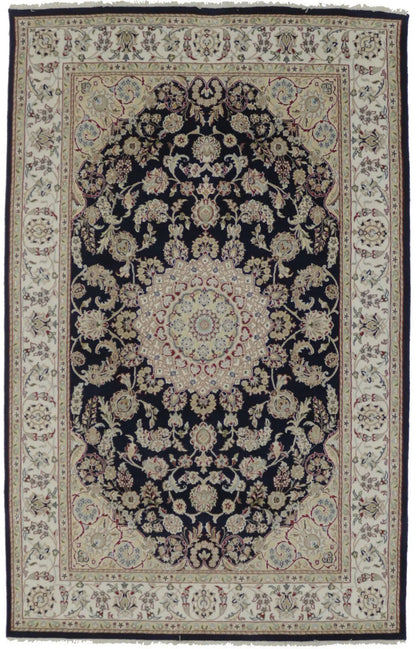 6X9 Ft Hand-Knotted Indo-Nain Oriental Rug Dark