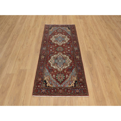 2'8"X6'2" Red Antiqued Heris Re-Creation Hand Knotted All Wool Runner Rug