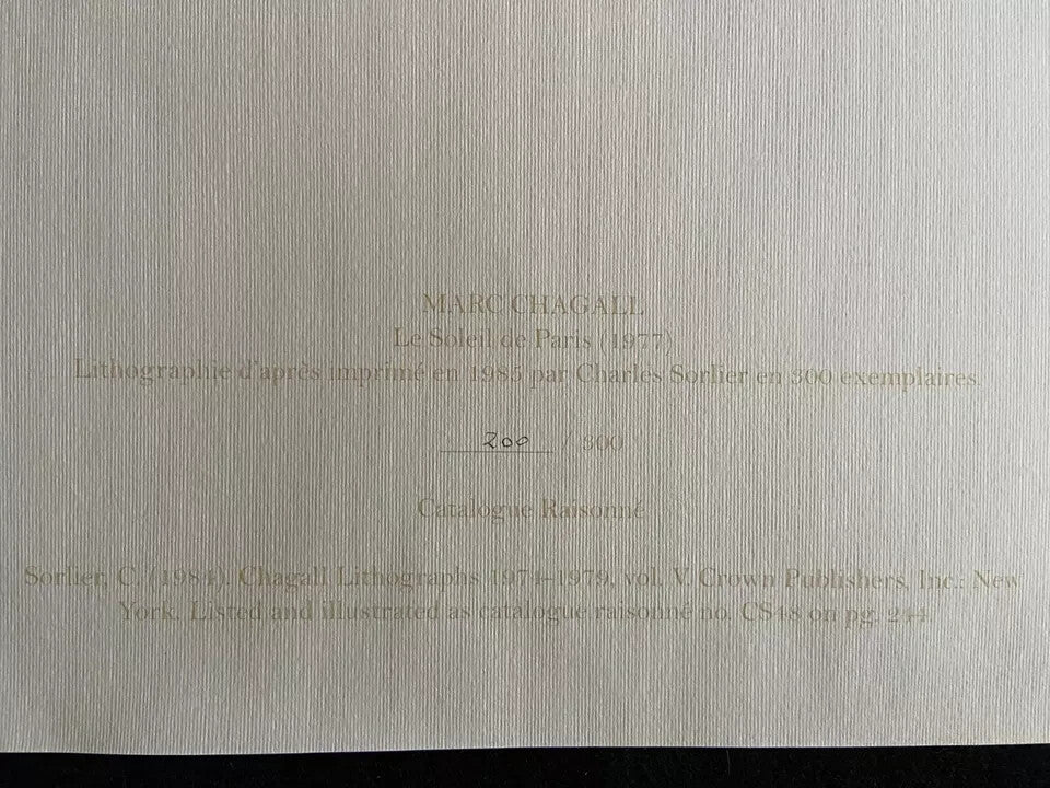 Marc Chagall Lithograph Coa Numbered Published - Sorlier