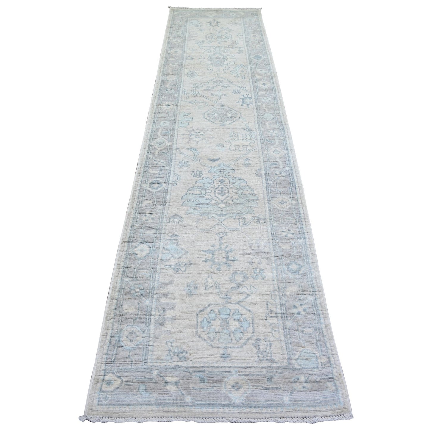 2'8"X11'7" Gray Afghan Angora Oushak 100% Wool Hand Knotted Runner Rug
