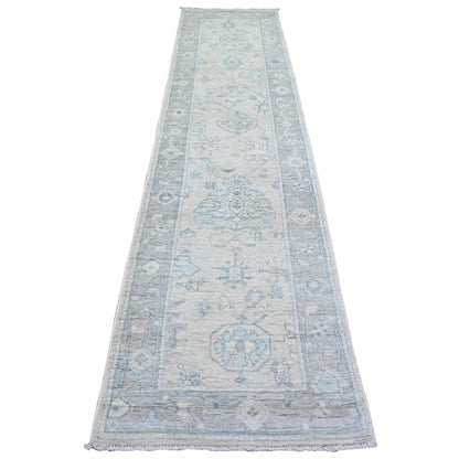 2'8"X11'7" Gray Afghan Angora Oushak 100% Wool Hand Knotted Runner Rug