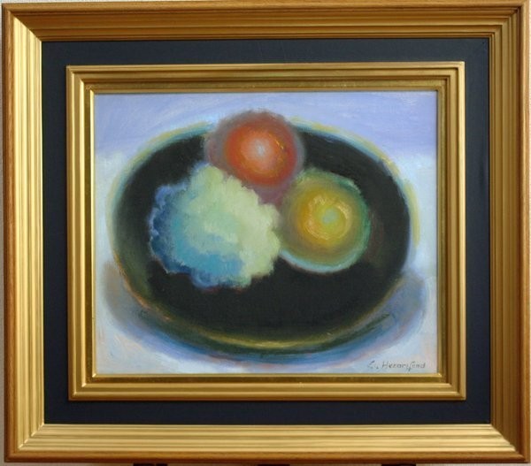 French Art Oil Painting Bowl Black Fruits Signed Leo Hezarifend