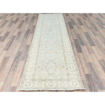 2'8"X9'9" Ivory Afghan Stone Washed Peshawar Wool Hand Knotted Runner Rug