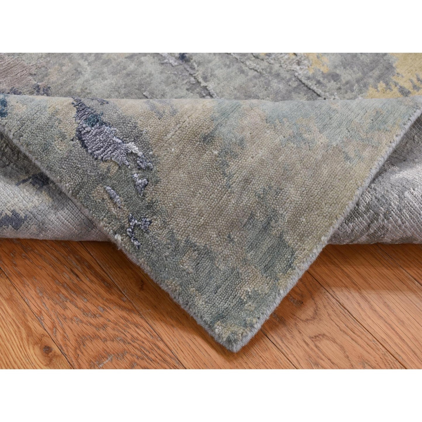 3'X5' Battleship Gray Abstract Design Wool And Silk Hand Knotted Rug