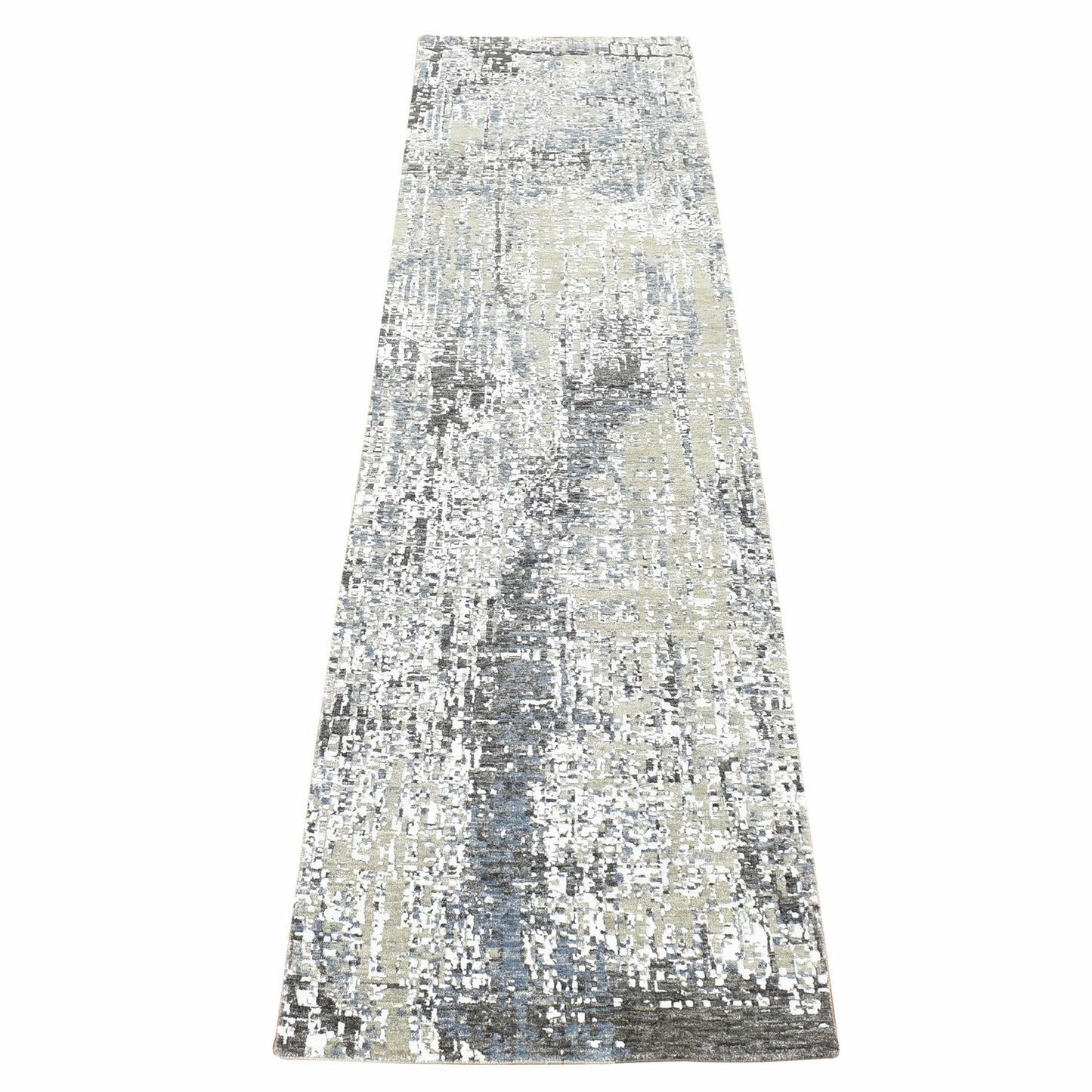 2'6"X10'1" Beige Modern Abstract Design Hand Knotted Pure Wool Runner Rug