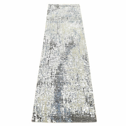 2'6"X10'1" Beige Modern Abstract Design Hand Knotted Pure Wool Runner Rug