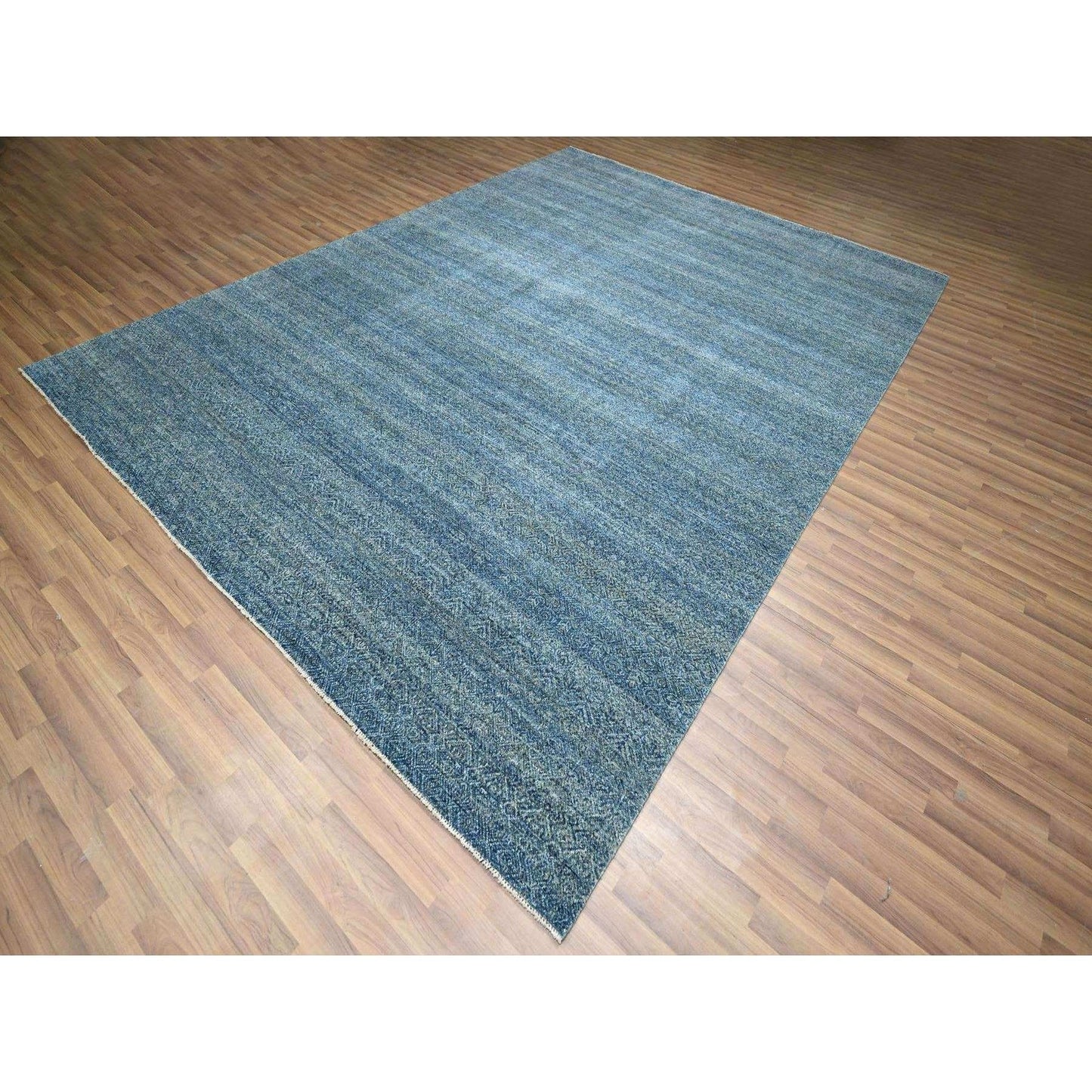 9'X12'1" Yale Blue Geometric Diamond Design Pure Wool Hand Knotted Rug