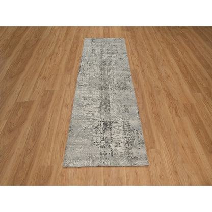 2'7"X8' Gray Modern Runner Rug Erased Design Hand Knotted Natural Wool