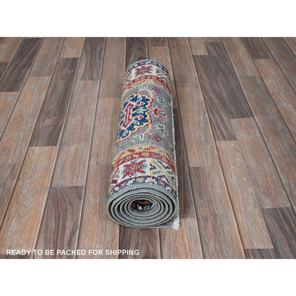 2'X6'6" Gray Kazak With Tribal Design Soft Wool Hand Knotted Runner Rug
