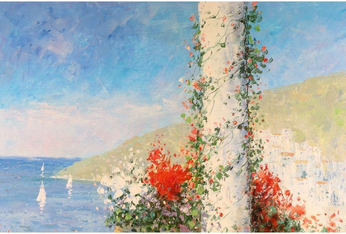 Original Oil Painting Mediterranean View Flowers Signed 20F