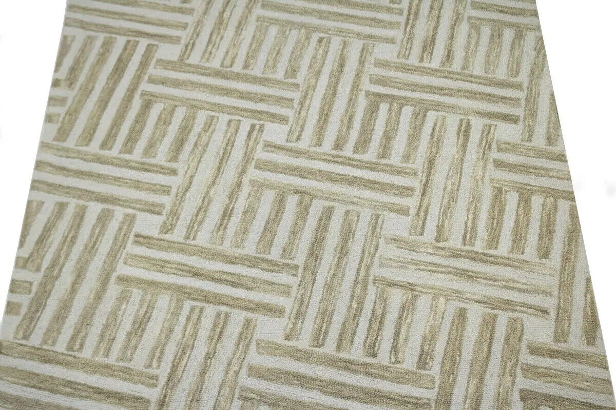 Hand-Knotted Tan Geometric Wool Area Rug Modern