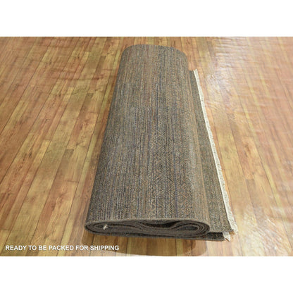 10'X14' Cinnamon Brown Modern Grass Design Hand Knotted Wool And Silk Rug