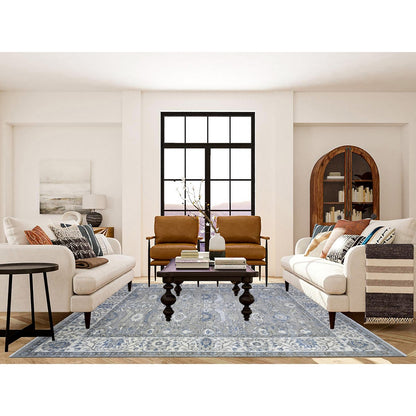 7'10"X9'9" Gray Heris Serrated Leaf Pattern Pure Wool Hand Knotted Rug