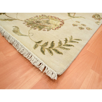 6'X9' Bone White Hand Knotted Botanical Design Wool And Silk Oriental Rug