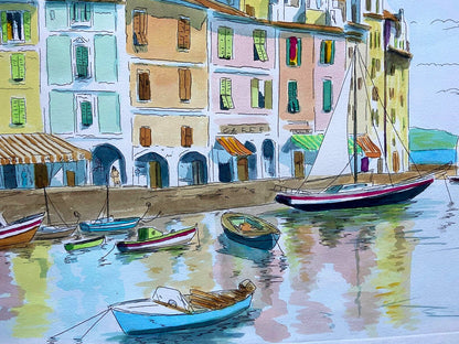 Aldo Riso ''Portofino'' Hand-Painted Engraving 60X80 - Authenticated And Signed