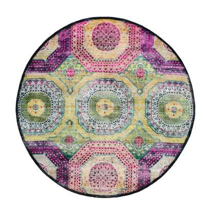 8'1"X8'1" Yellow Mamluk Design Sari Silk With Wool Hand Knotted Round Rug