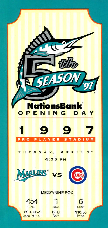 1997 Opening Day Marlins Vs Cubs Full Game Ticket