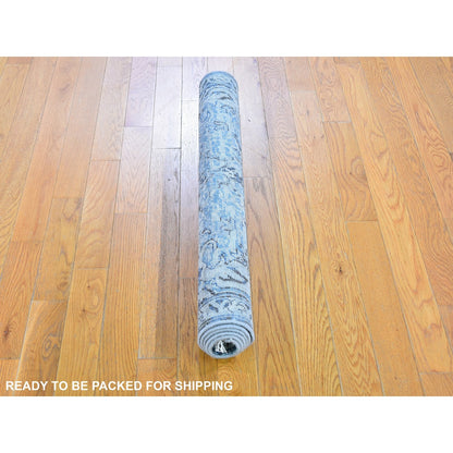 3'X5' Ivory Distressed Oushak Pure Silk With Text Wool Hand Knotted Rug