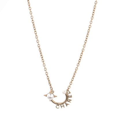 Chanel Logo Semicircle Pendant Short Necklace Metal With Faux Pearls