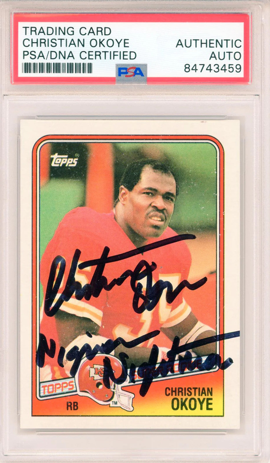 Christian Okoye "Nigerian Nightmare" Autographed 1988 Topps Card #363 (Psa Auto)