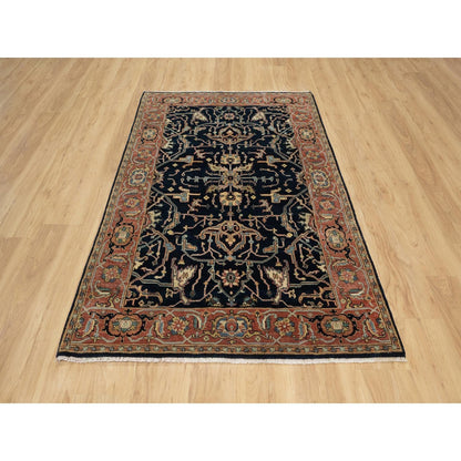 4'2"X6'3" Oxford Blue Heris Re-Creation Hand Knotted Wool Oriental Rug