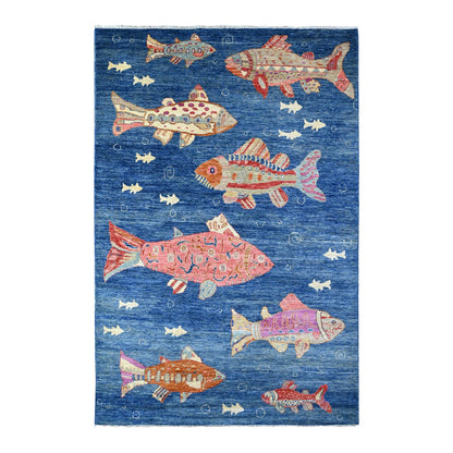 5'10"X8'10" Celestial Blue Oceanic Colorful Fish Wool Hand Knotted Rug