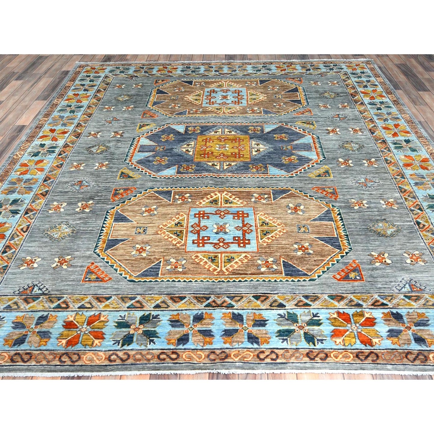 8'3"x9'7" Gray Wool Hand Knotted Armenian Inspired Design 200 KPSI Rug