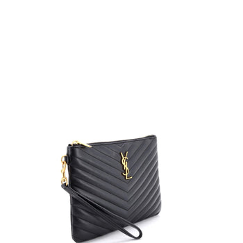 Saint Laurent Classic Monogram Wristlet Pouch Matelasse Chevron Leather Small