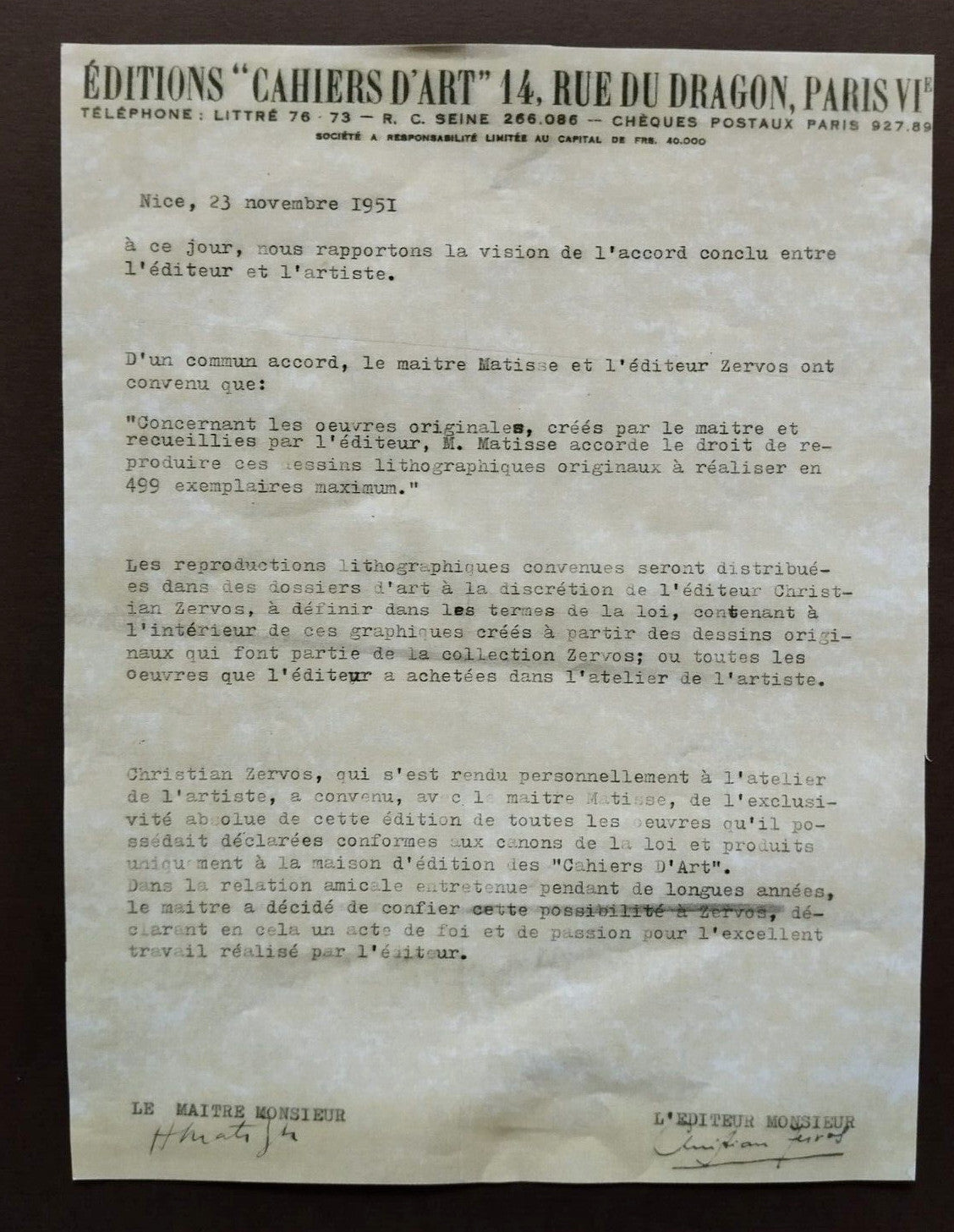 Henri Matisse Lithograph Handmade Coa Contract Signed By Hand Numbered By Hand