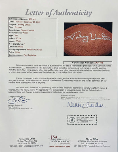Johnny Unitas Autographed Official Wilson Nfl Football (Jsa)