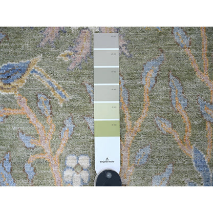 2'7"X19'9" Green Wool Afghan Peshawar Bird Design Hand Knotted Runner Rug