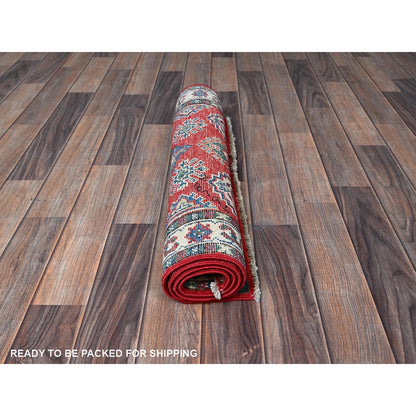 2'6"X4' Berry Red Kazak With Tribal Motifs Hand Knotted Soft Wool Mat Rug