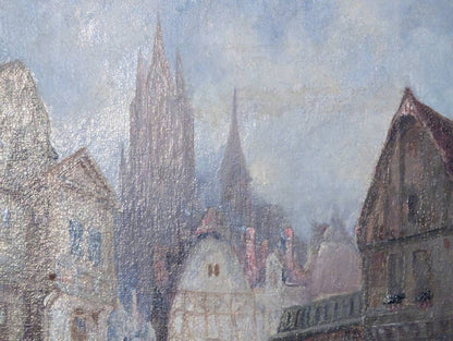 Henry Schafer (18331916) Original Oil Painting Old European Town Scene Gothic