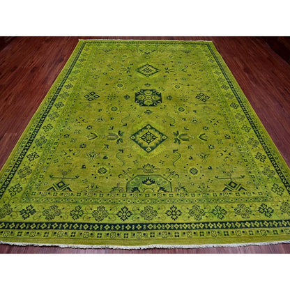 8'7"X11'6" Green Overdyed Kazak Geometric Pattern Hand Knotted Wool Rug