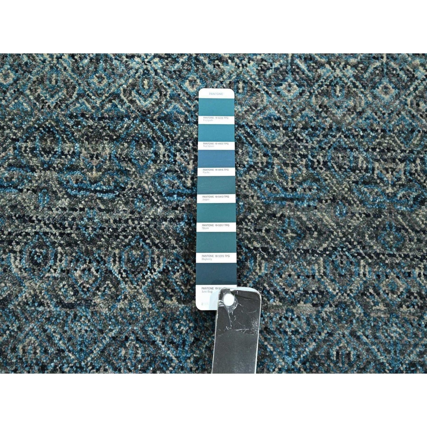 3'X9'9" Blue Repetitive Diamond Design Soft Wool Hand Knotted Runner Rug