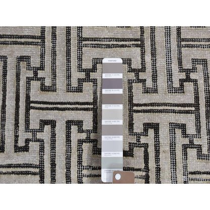 7'10"X10'3" Gray Pure Silk With Wool Roman Key Design Hand Knotted Rug