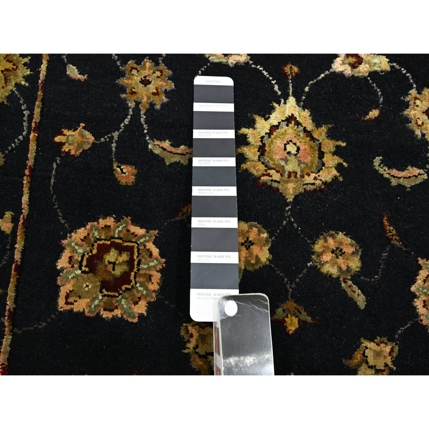 2'7"X12'3" Black Hand Knotted Wool-Silk Rajasthan Leaf Design Runner Rug