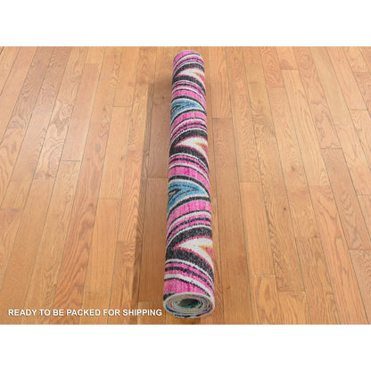 4'X6'2" Hot Pink Hand Knotted Chevron Design Silk With Wool Rug
